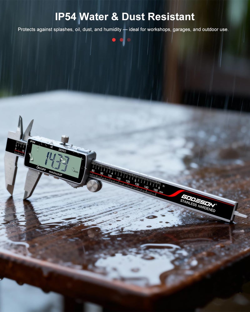 GODESON Digital Caliper, Rechargeable Digital Micrometer-IP54 Waterproof, Stainless Steel & Large LCD Screen Caliper Measuring Tool-Inch/Metric/Fraction,6" Calipers-Auto Off for Pros & DIYers - Image 3
